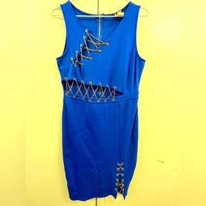 Fashion Nova Royal Blue MIDI Dress with Gold Chain Detail